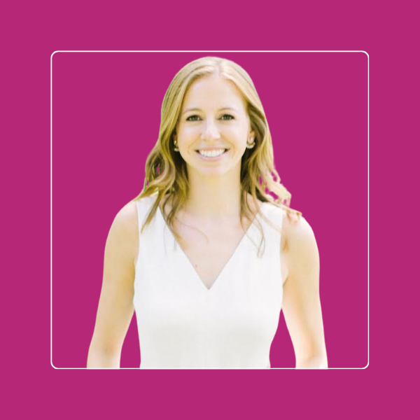Katherine, career pivot coaching client, smiling headshot on a magenta background