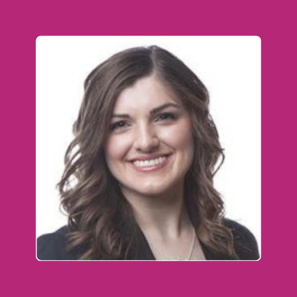 Mikayla, career coaching for career burnout client, smiling headshot on a magenta background