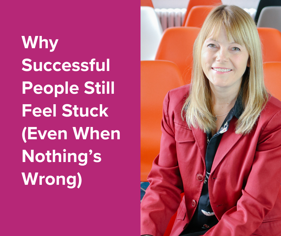 Kori Burkholder, Career Evolution Coach, smiling in a red blazer, next to the blog post title "Why Successful People Still Feel Stuck (Even When Nothing's Wrong)"